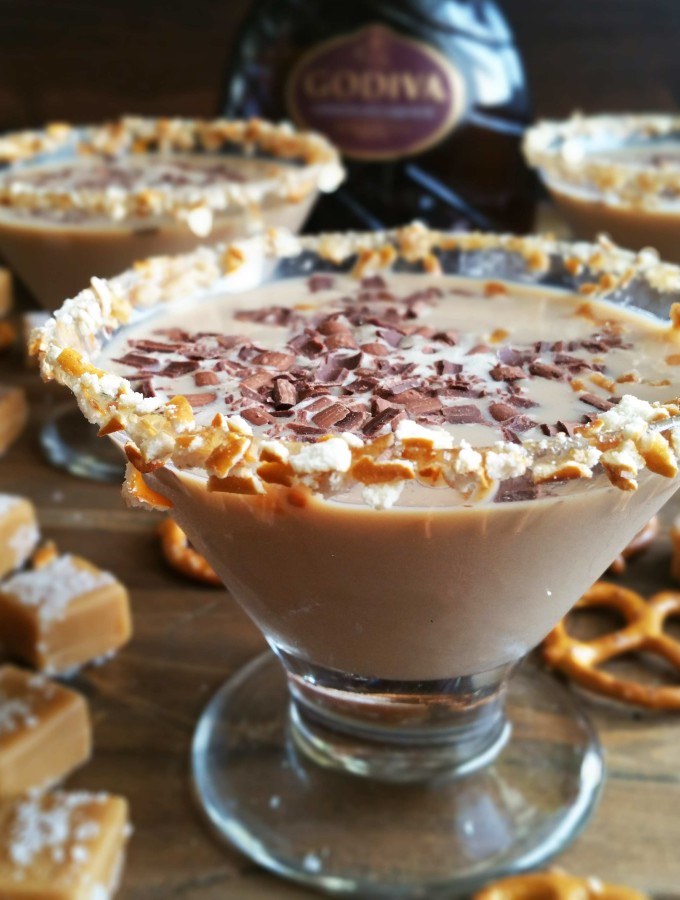 This sinfully delicious Salted Caramel Chocolate Martini is made with Godiva Chocolate.