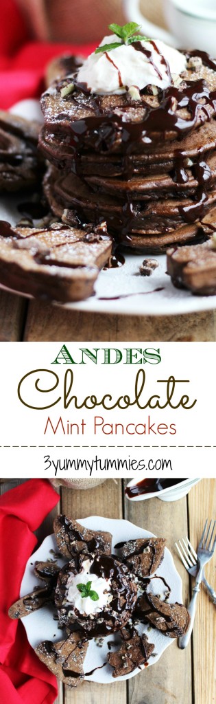 These perfectly fluffy pancakes are a chocolate lover's dream with Andes mint chips. Also, get great tips for perfect cookie cutter pancakes. These are so fun for the holidays.