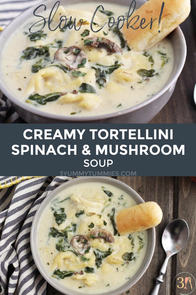 This Slow Cooker Creamy Tortellini Spinach and Mushroom Soup is the perfect way to warm up this winter.  It is loaded with cheese tortellini and is so creamy, dreamy and delightful! 