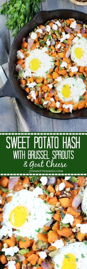 Sweet Potato Hash with Brussel Sprouts and Goat Cheese 