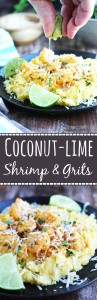 Corn Grits are simmered in coconut milk, seasoned with lime zest and topped with lime-flavored shrimp and coconut flakes...this is one of my favorite, easy meals!