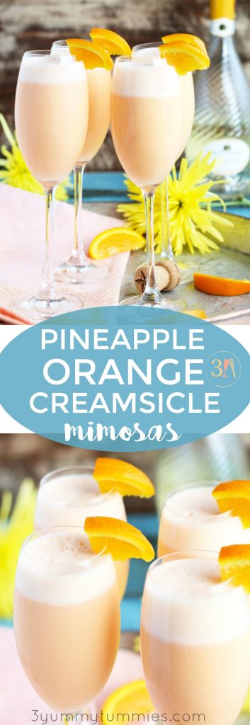 These Pineapple Orange Creamsicle Mimosas are an ethereal blend of pineapple juice, orange sherbet and sparkling Moscato.  Only 3 ingredients transforms the basic mimosas into a creamy, dreamy combination that will wow your guests at your next brunch.  Blending the ingredients together ensures the perfect flavor combination in each sip and tastes just like a classic dreamy creamsicle.