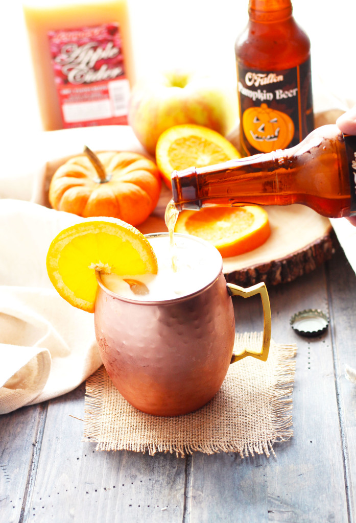 This Pumpkin Shandy is a refreshing light drink with pumpkin beer, apple cider, fresh orange juice and a splash of triple sec.  You can add equal parts alcohol and fruit juice or increase either to taste.  It also doesn't hurt to throw in a splash of vodka to kick things up a bit. 