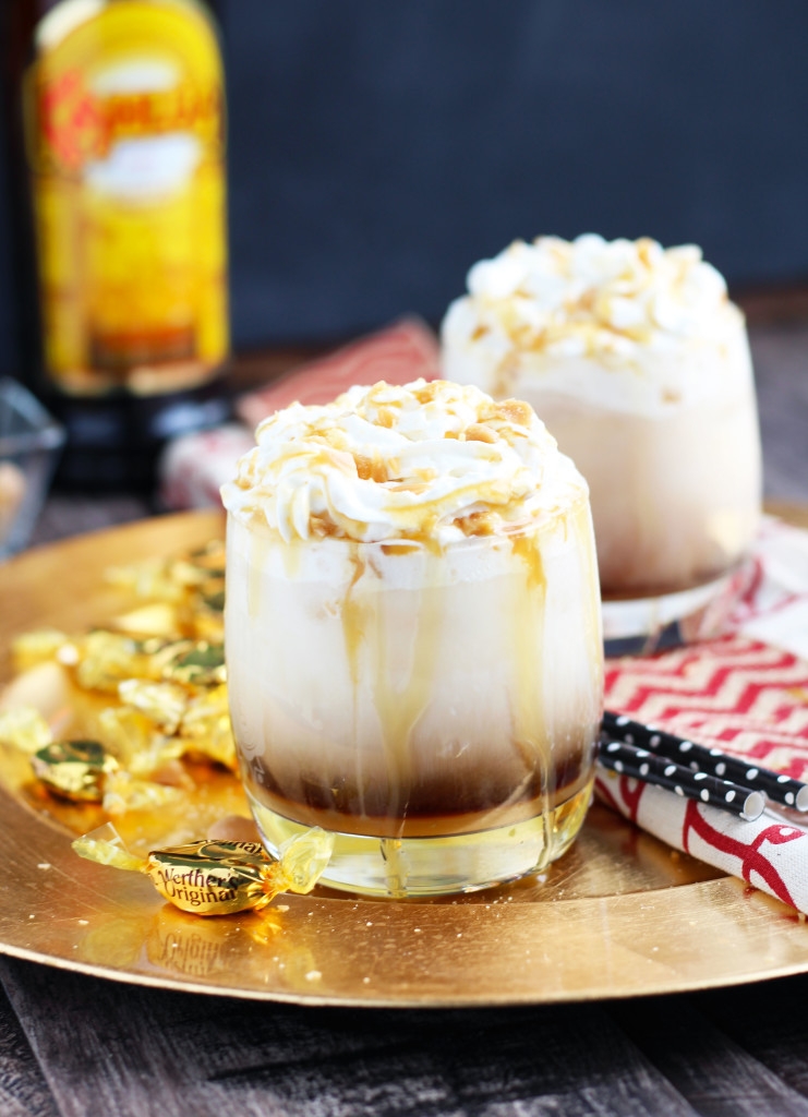 This Caramel Creme Brulee White Russian is inspired by one of my favorite seasonal latte flavors at Starbucks.  The addition of vanilla and caramel syrup, a floating of whipped cream, and  crushed caramel candies makes this the most decadent drink combination.  The Dude would be so pleased and I'm over the moon just thinking about drinking another one!