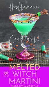 Celebrate Halloween with this Melted Witch Martini with vodka, Blue Curacao and fruit juices.  Top it with a sprinkle rim and a Twizzlers broomstick for a truly festive cocktail that will have you cackling the night away.    