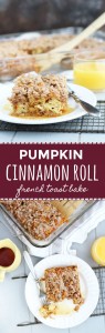This easy, Pumpkin Cinnamon Roll French Toast bake has a pumpkin spice crumb topping.