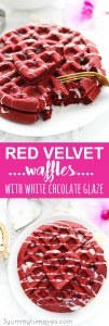 These fluffy, Red Velvet Waffles are topped with a white chocolate glaze that is made in the microwave. Perfect for Valentine's Day!