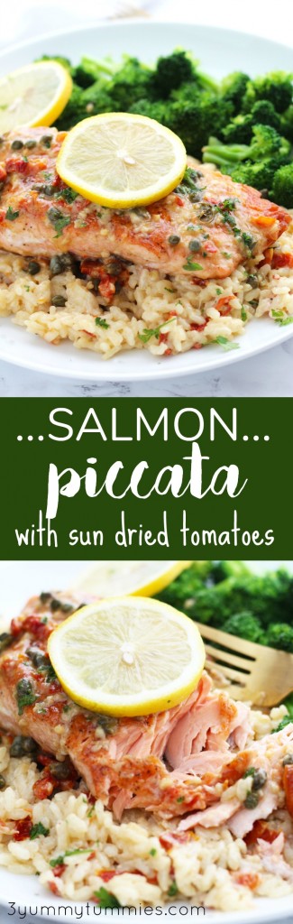 This Salmon Piccata with Sun Dried Tomatoes in a creamy, lemon sauce is a gourmet meal in under 30 minutes!
