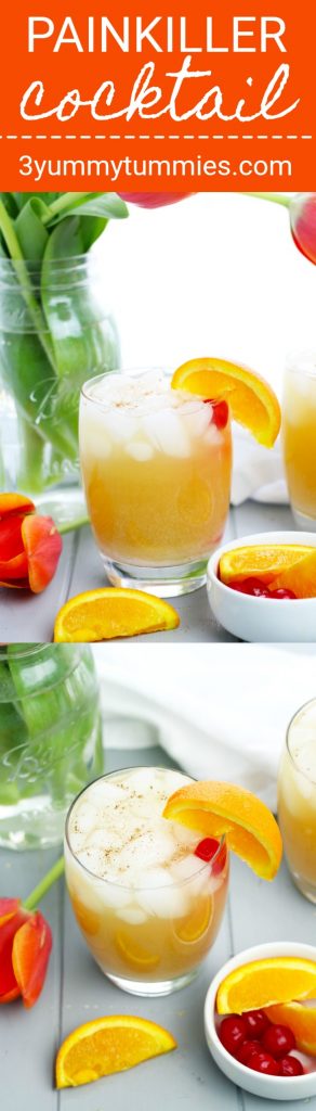 A Painkiller Cocktail is a refreshing tropical drink with coconut, pineapple, orange juices and a nutmeg garnishment for an extra boost of flavor.  A bit of dark rum finishes this cocktail that is similar to the flavors of a Pina Colada without the mess of  a blender for the win.