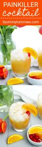 A Painkiller Cocktail is a refreshing tropical drink with coconut, pineapple, orange juices and a nutmeg garnishment for an extra boost of flavor.  A bit of dark rum finishes this cocktail that is similar to the flavors of a Pina Colada without the mess of  a blender for the win.