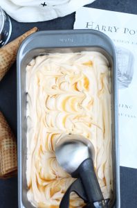 This Harry Potter No-Churn Butterbeer Ice Cream is SO creamy, dreamy with flavors of butterscotch and caramel.