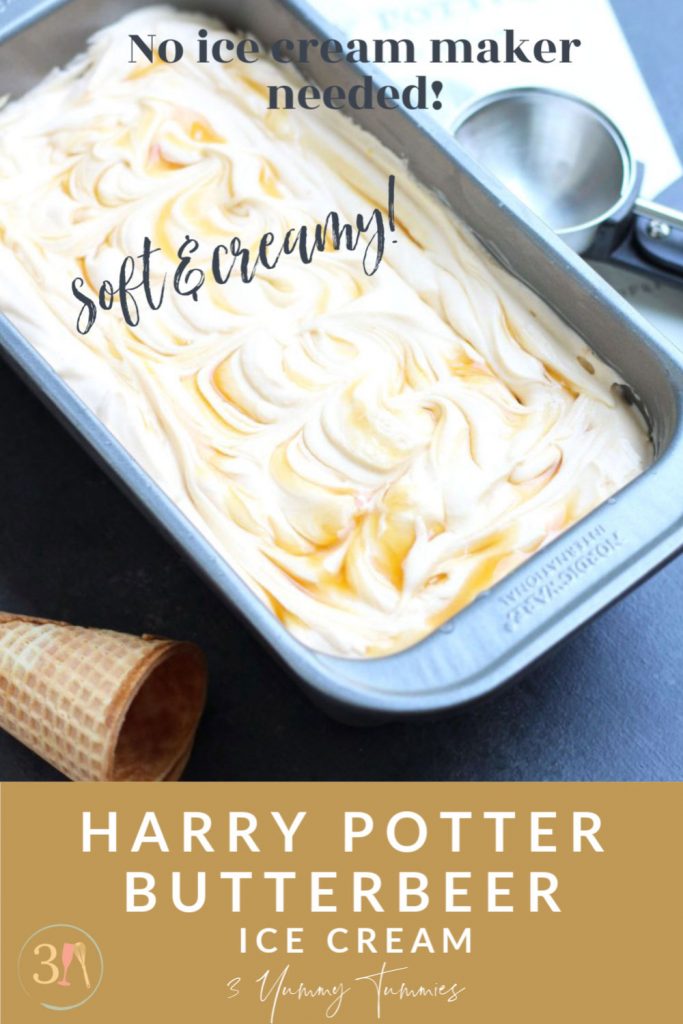 This Harry Potter No-Churn Butterbeer Ice Cream is a creamy mixture of caramel and butterscotch with an optional bit of schnapps for adults!  Its the creamiest ice cream I've ever had without the necessity of an ice cream maker.