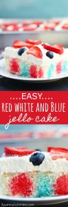 This Easy Red White and Blue Jello Cake has a light, cool whip and pudding icing with a fresh fruit topping.
