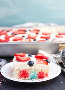 This Easy Red White and Blue Jello Cake has a cool whip and pudding icing with a berry topping.