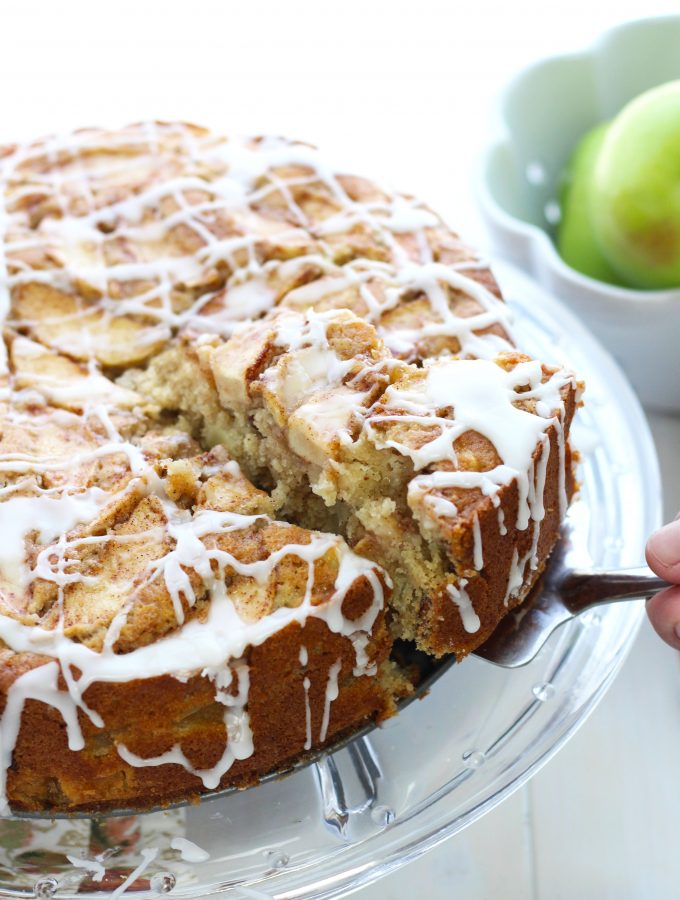 This decadent, Apple Buttermilk Brunch Cake is served warm with a buttermilk glaze on top.