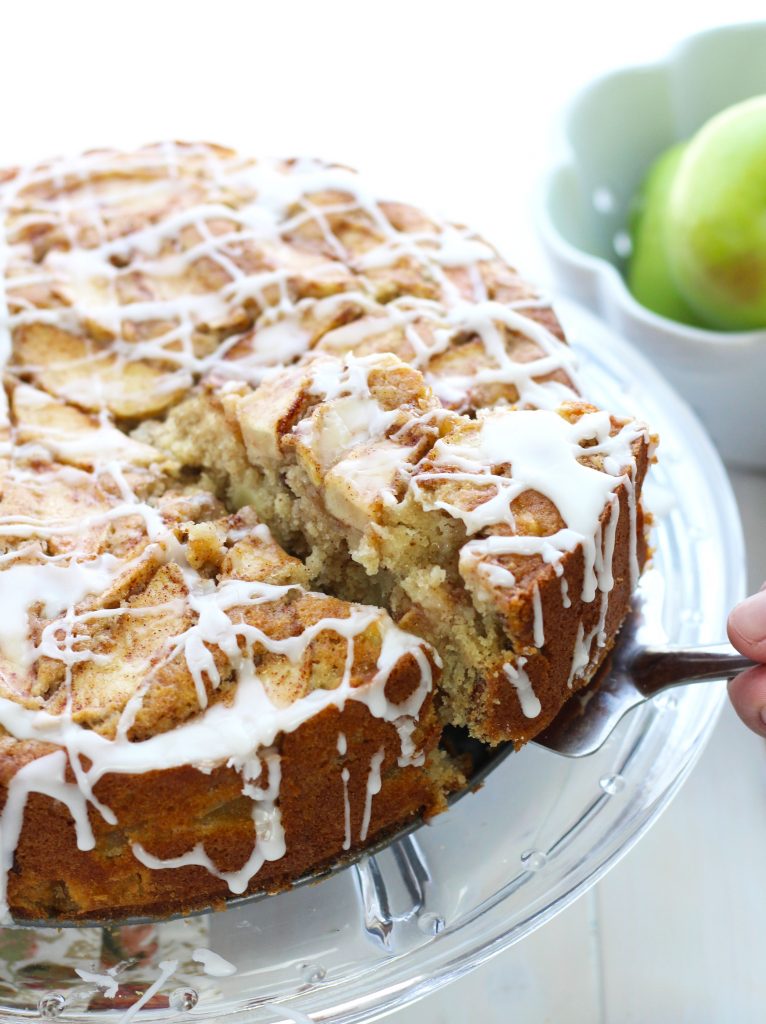 This decadent, Apple Buttermilk Brunch Cake is served warm with a buttermilk glaze on top.