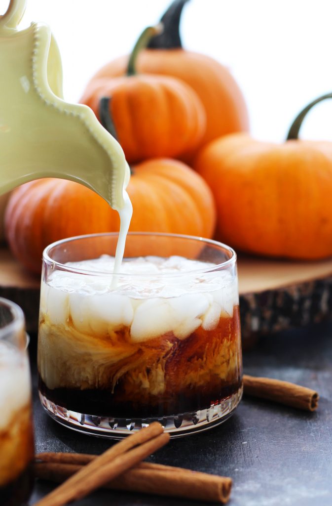 This Pumpkin Spice White Russian is a great spin on a classic cocktail for fall!  A splash of pumpkin spice creamer and a dash of pumpkin pie spice blend harmoniously with vodka and Kahlua.