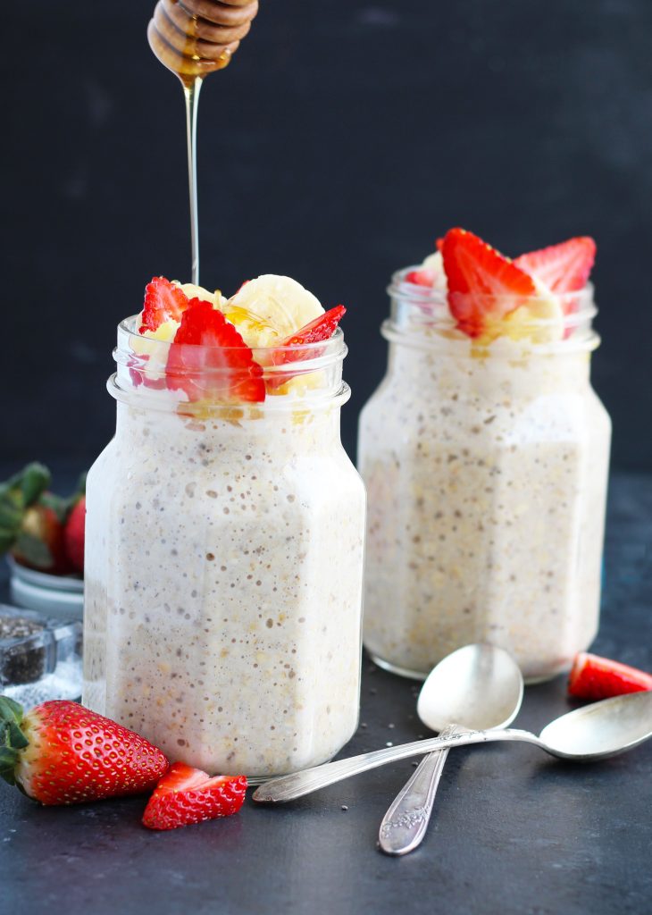 These flavorful, Banana Split Overnight Oats are the perfect quick and healthy breakfast idea.  Quick oats get combined with your choice of milk with fresh strawberries, bananas and crushed pineapple.   A bit of honey gets added for sweetness with the option of Chia seeds or your favorite chopped nuts.  
