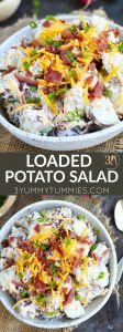 This Loaded Potato Salad is a great, easy side dish for your summer barbecues. It tastes like biting into a potato skin with a sour cream and ranch dressing mixture and that coveted bacon, cheddar cheese and green onion topping.