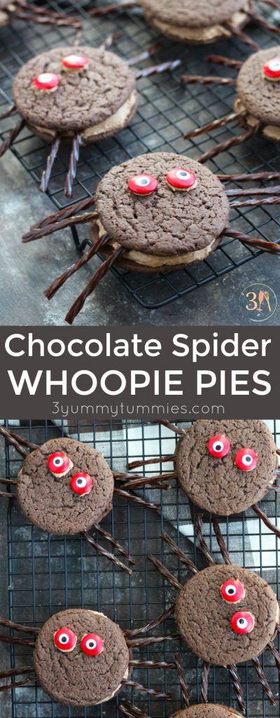 These Chocolate Spider Whoopie Pies are so fun to make with the kids for Halloween!  The cookies are easily made with a chocolate fudge cake mix and a dreamy, chocolate marshmallow creme filling.