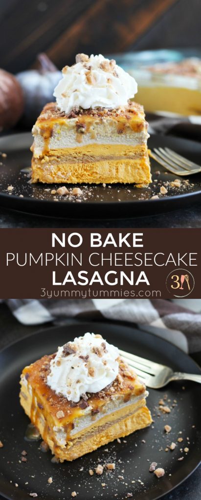 This No Bake Pumpkin Cheesecake Lasagna makes a quick and easy holiday dessert.  It has layers of cinnamon graham crackers, caramel sauce, pumpkin cheesecake, pudding and toffee bits for plenty of flavor.  Freeze it the night before for a no-fuss holiday dessert.
