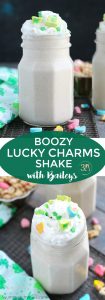 This Boozy Lucky Charms Shake with Baileys will start your St. Patrick's Day off right.  A blend of vanilla yogurt, cereal, Baileys and vanilla vodka with a marshmallow topping makes a festive adult treat.