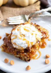 This easy, Pumpkin Dump Cake is sure to be a hit this fall.  Vanilla cake mix is used as the base with pumpkin, sweetened condensed milk and a pecan and butterscotch chip topping.  Serve it warm with whipped cream and a caramel sauce topping for a truly decadent treat.
