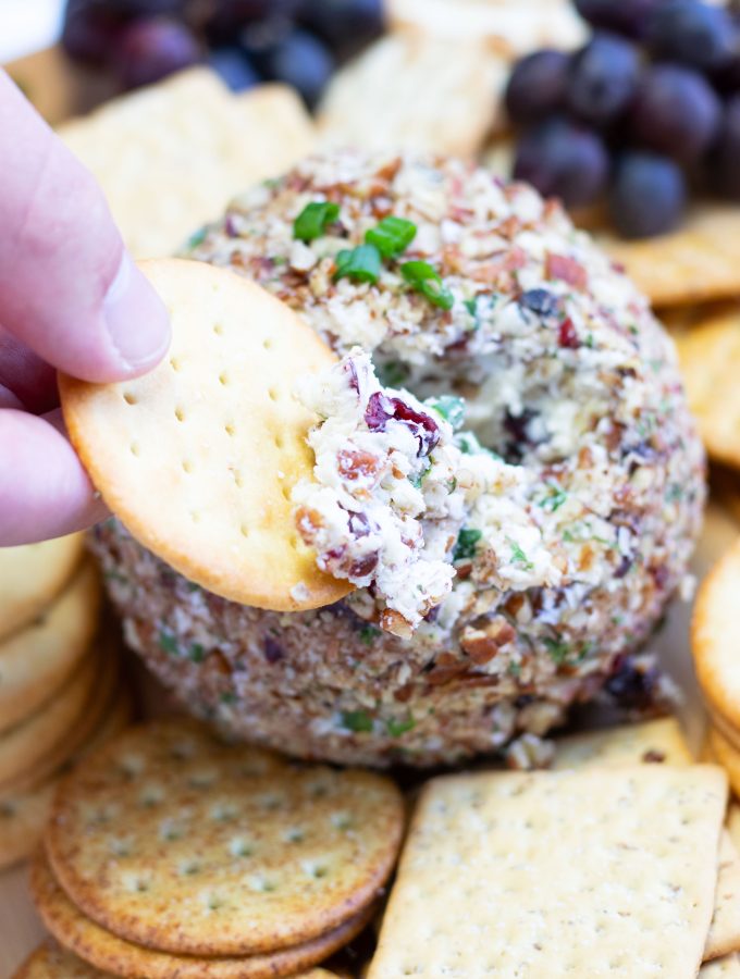 This Cranberry Pecan Cheese Ball is so festive for the holidays and easily made with only 5 ingredients. Make it the day before for a worry-free holiday celebration. Serve it with your favorite crackers, pretzels or veggies.