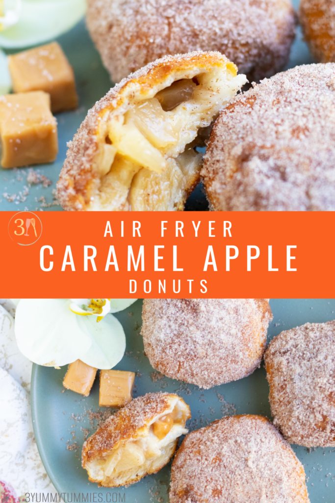 These Air Fryer Caramel Apple Donuts are super easy to make with refrigerator biscuits and apple pie filling. Bits of chopped caramel get added to the apples with a cinnamon sugar topping for the perfect fall breakfast.