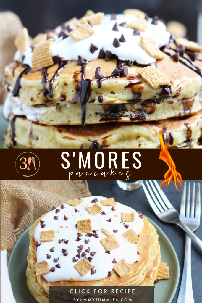 These S’mores Pancakes are pure breakfast bliss with Golden Grahams and chocolate chips in the batter. A generous topping of marshmallow cream, chocolate sauce, more cereal and chocolate chips makes these better than the campfire version.