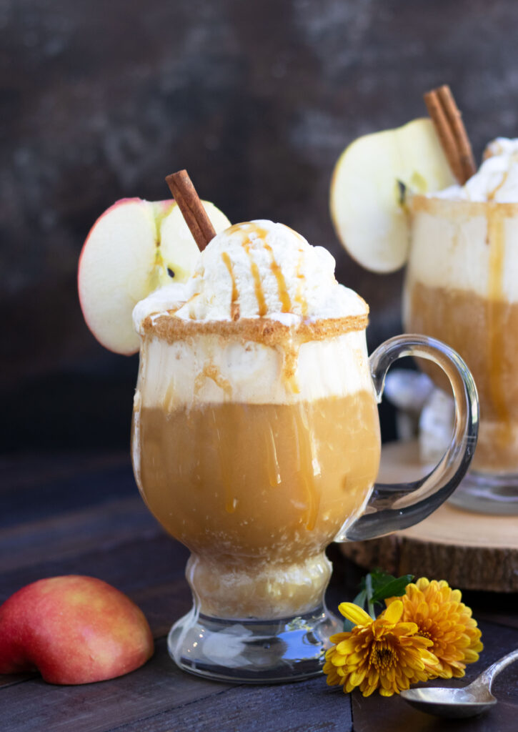 This Fireball Apple Cider Float is the perfect amount of sweet with a little action from the Fireball and Peach Schnapps.  A cinnamon sugar rim and caramel sauce top off this delightful fall cocktail.