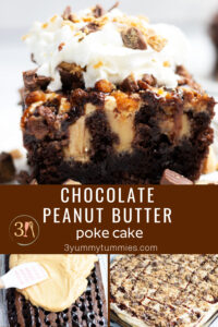 This Chocolate Peanut Butter Poke Cake is super easy to make with cake mix, vanilla pudding and chocolate fudge. Perfect for potlucks and BBQ's.