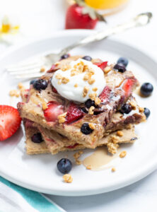 These Healthy Oatmeal Sheet Pan Berry Pancakes are made in a blender for an easy and flavorful breakfast.  Leftovers make a great meal option for busy weekday mornings.